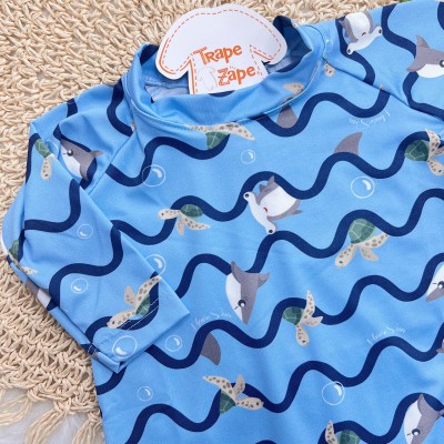 Linha Praia - Macacão Curto Fundo do Mar com Proteção UV50+ - Azul